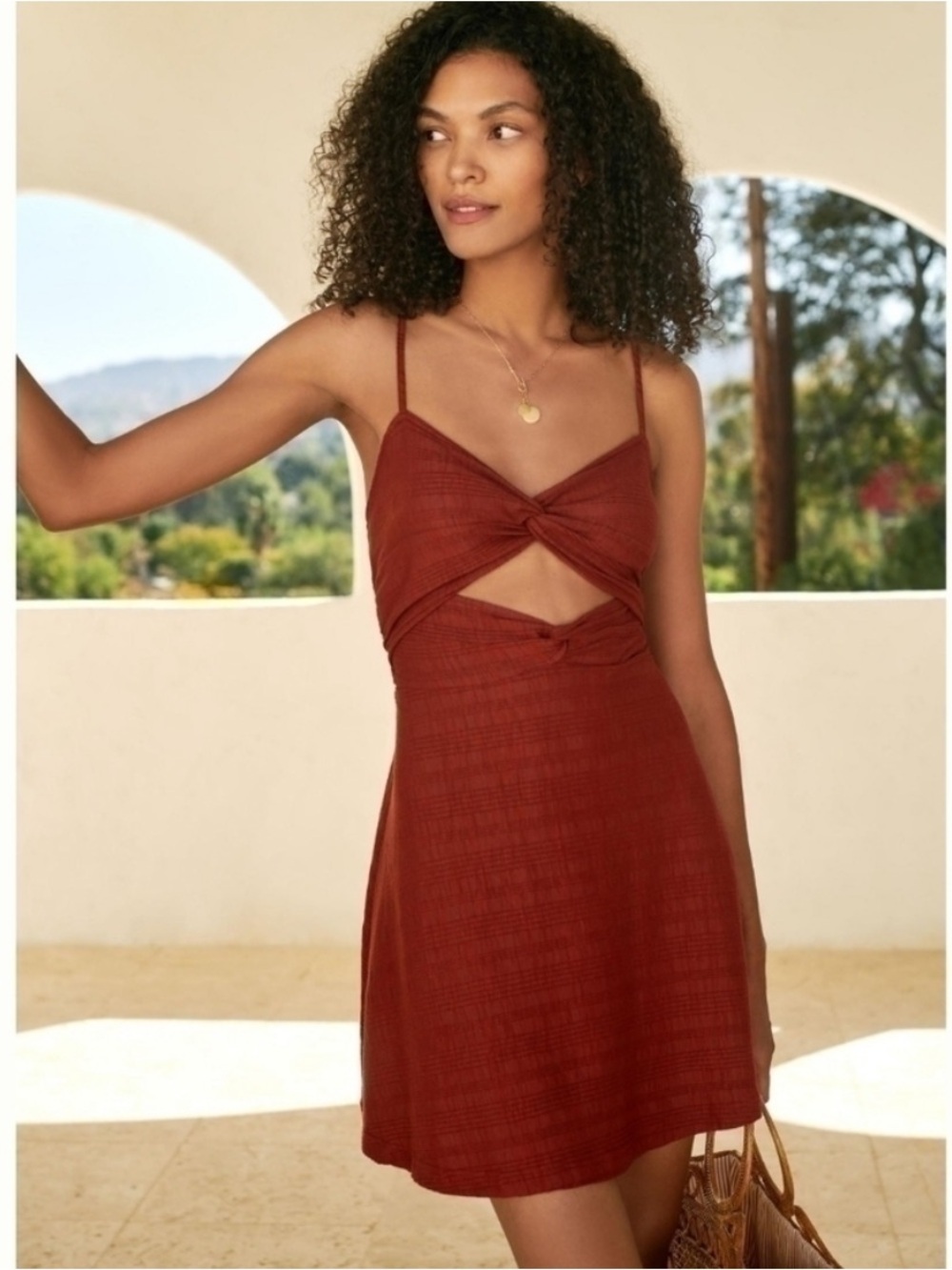 Anthropologie Spaghetti Strap Cutout Twist Front Mini Dress in Brick Red